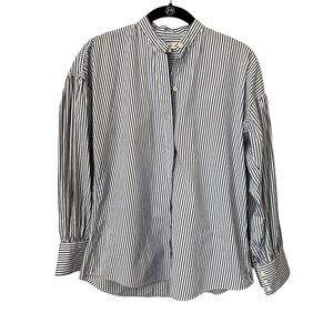 ANN MASHBURN Striped Navy White Blouse Shirt Womens Size XS 100% Cotton Buttoned